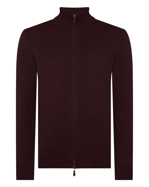 N.Peal Men's Hyde Fine Gauge Cashmere Full Zip Jumper Claret Red