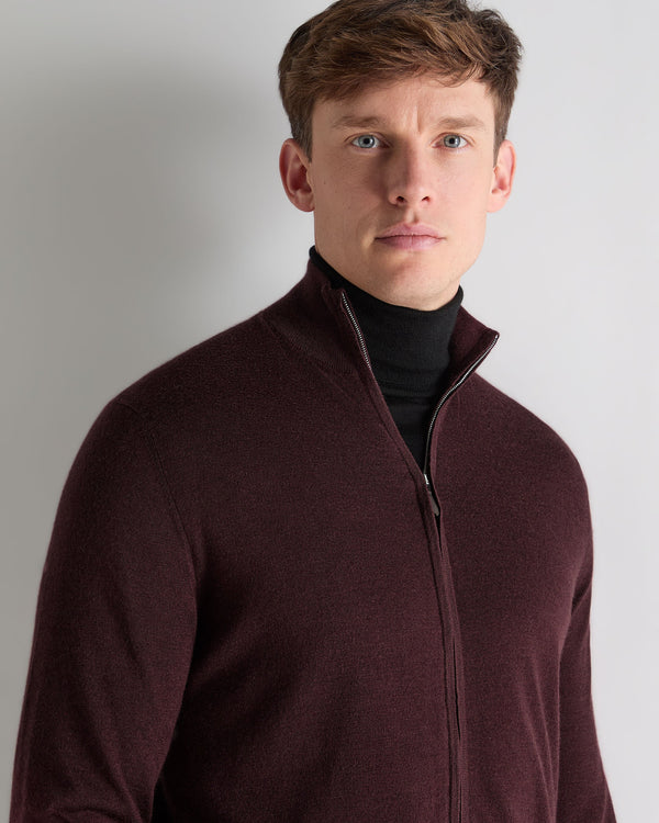 N.Peal Men's Hyde Fine Gauge Cashmere Full Zip Jumper Claret Red
