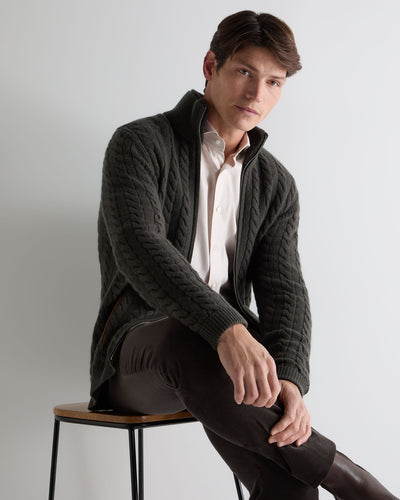 N.Peal Men's Richmond Cable Cashmere Cardigan Arabica Khaki Green