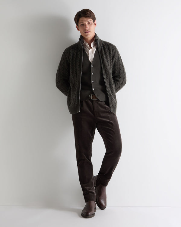 N.Peal Men's Cashmere Richmond Cable Cashmere Cardigan Arabica Khaki Green - XL N.Peal Men's Cashmere Richmond Cable Cashmere Cardigan Arabica Khaki Green - XL