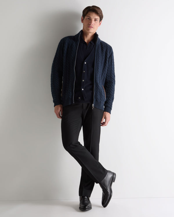 N.Peal Men's Richmond Cable Cashmere Cardigan Indigo Blue