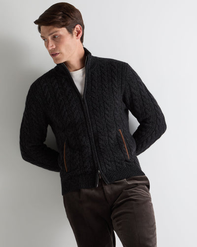 N.Peal Men's Richmond Cable Cashmere Cardigan Charcoal Grey Melange