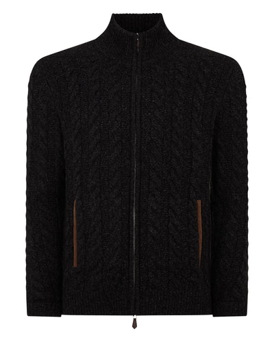 N.Peal Men's Richmond Cable Cashmere Cardigan Charcoal Grey Melange