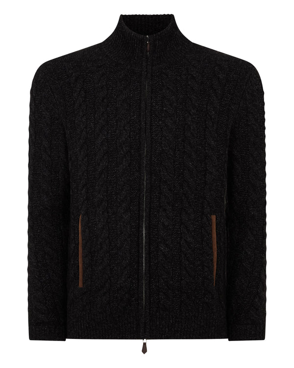 N.Peal Men's Richmond Cable Cashmere Cardigan Charcoal Grey Melange