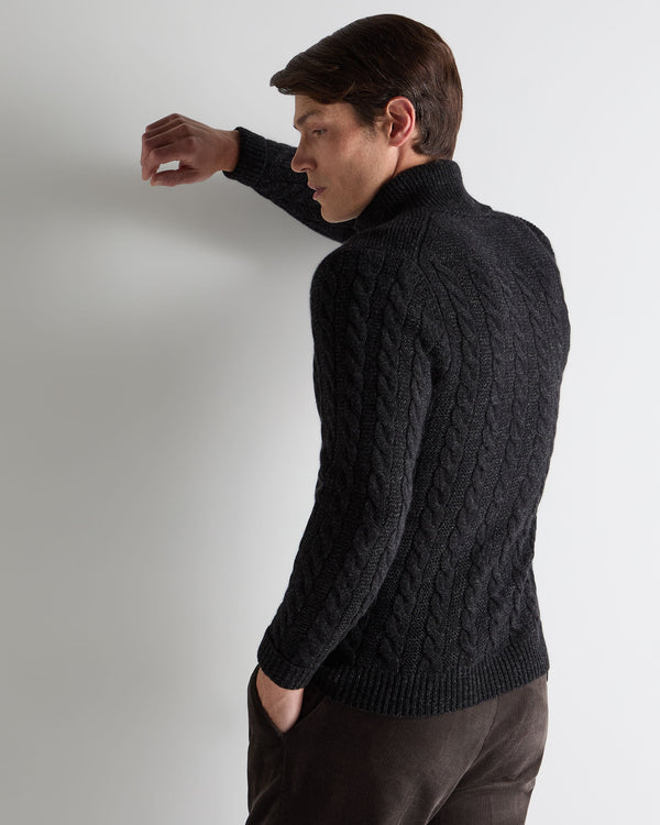 N.Peal Men's Richmond Cable Cashmere Cardigan Charcoal Grey Melange