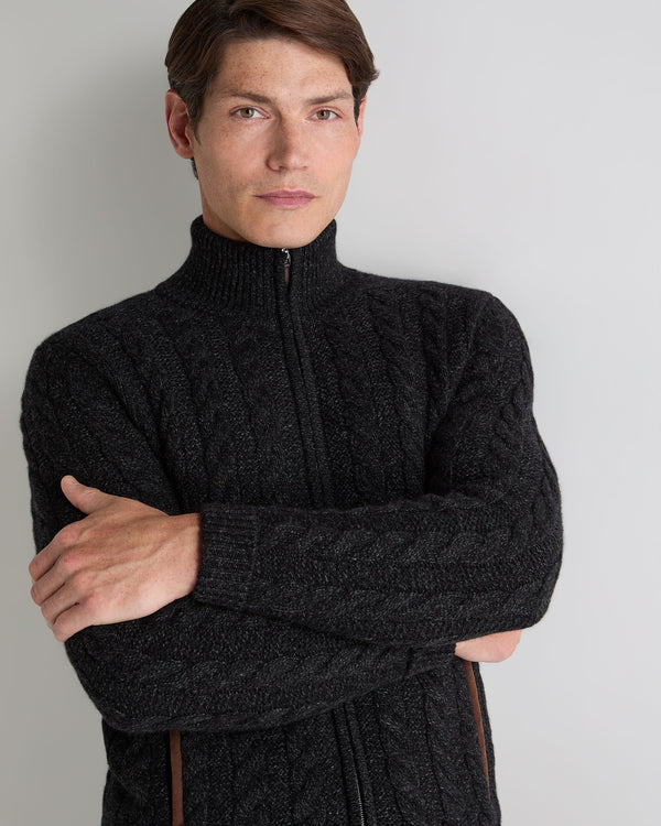 N.Peal Men's Richmond Cable Cashmere Cardigan Charcoal Grey Melange