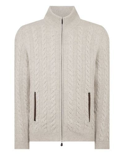 N.Peal Men's Richmond Cable Cashmere Cardigan Ash Grey Marl