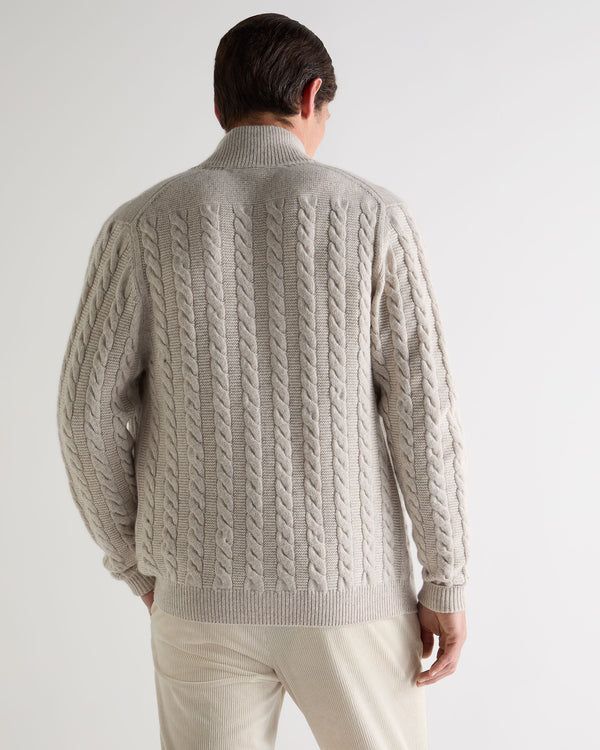N.Peal Men's Richmond Cable Cashmere Cardigan Ash Grey Marl