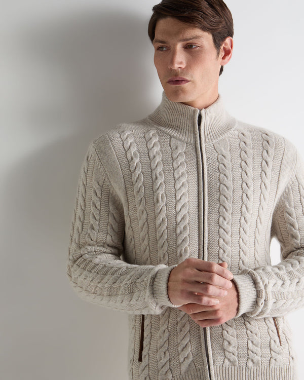 N.Peal Men's Richmond Cable Cashmere Cardigan Ash Grey Marl