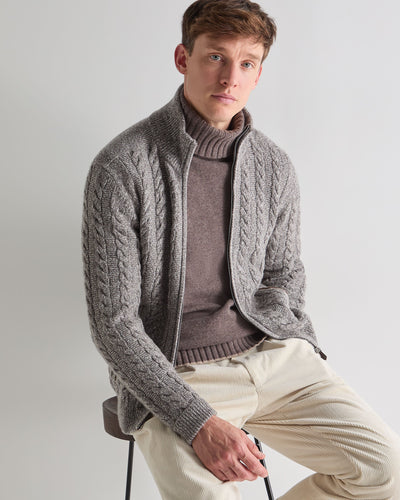 N.Peal Men's Richmond Cable Cashmere Cardigan Soft Truffle Brown Marl