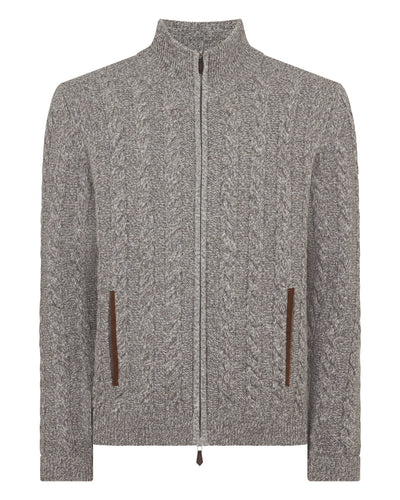 N.Peal Men's Richmond Cable Cashmere Cardigan Soft Truffle Brown Marl