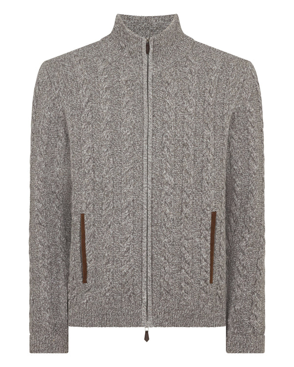 N.Peal Men's Richmond Cable Cashmere Cardigan Soft Truffle Brown Marl