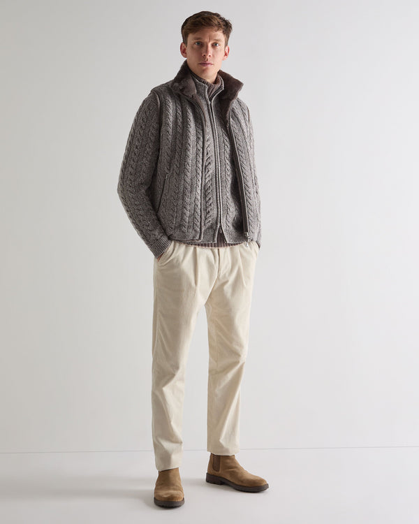 N.Peal Men's Richmond Cable Cashmere Cardigan Soft Truffle Brown Marl