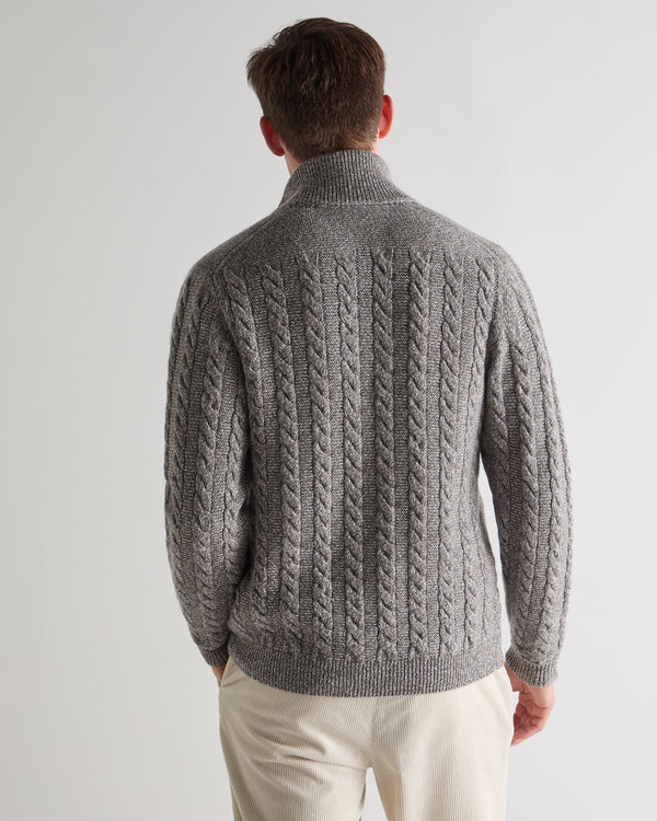N.Peal Men's Richmond Cable Cashmere Cardigan Soft Truffle Brown Marl