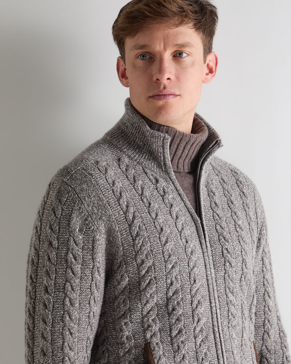 N.Peal Men's Richmond Cable Cashmere Cardigan Soft Truffle Brown Marl