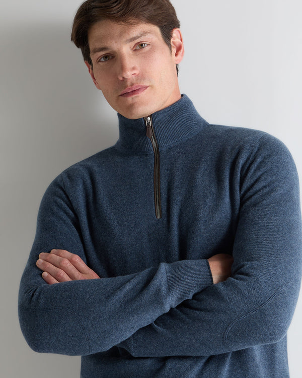N.Peal Men's Carnaby Half Zip Cashmere Jumper Light Denim Blue