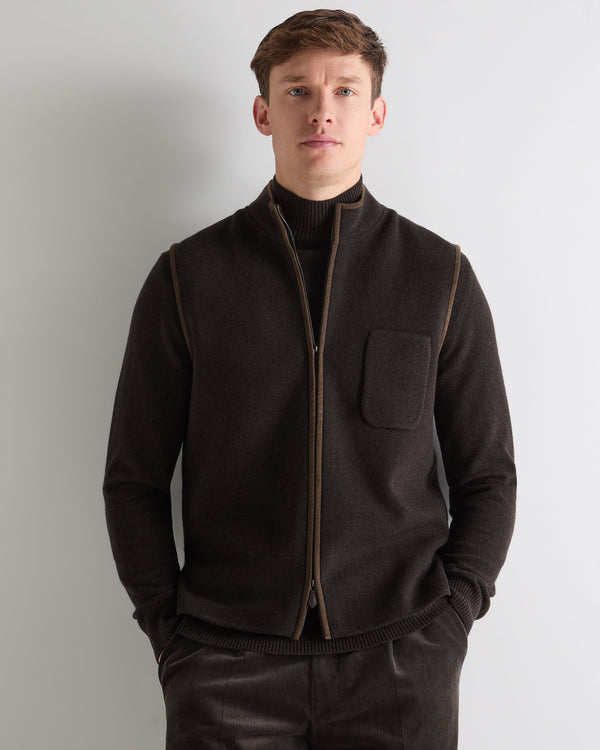 N.Peal Men's Shaftesbury Suede Trim Cashmere Gilet Chocolate Brown