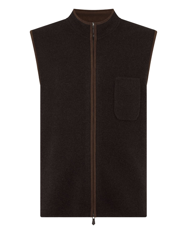 N.Peal Men's Shaftesbury Suede Trim Cashmere Gilet Chocolate Brown
