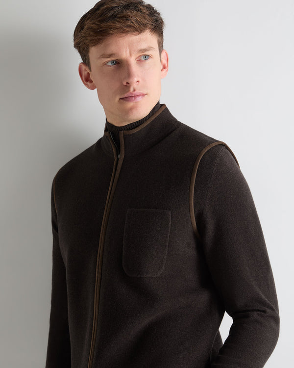 N.Peal Men's Shaftesbury Suede Trim Cashmere Gilet Chocolate Brown