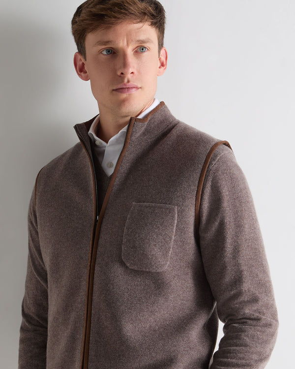 N.Peal Men's Shaftesbury Suede Trim Cashmere Gilet Otter Brown