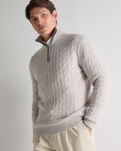 N.Peal Men's Albemarle Cable Half Zip Cashmere Jumper Nougat Brown Marl