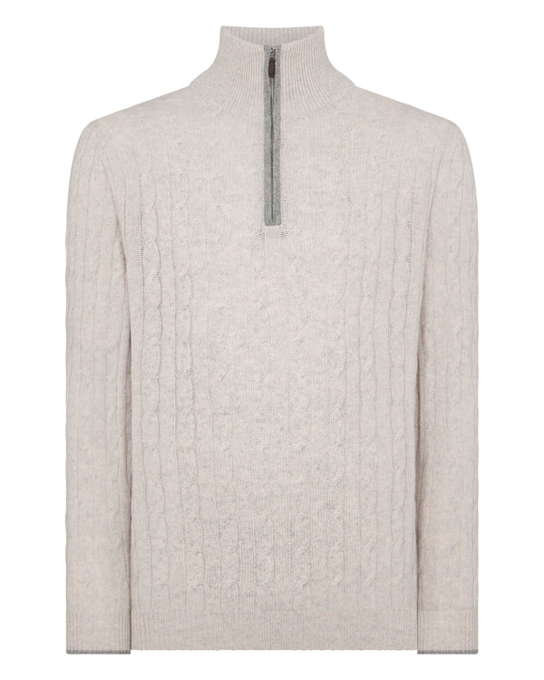 N.Peal Men's Albemarle Cable Half Zip Cashmere Jumper Nougat Brown Marl
