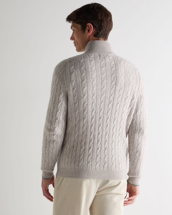 N.Peal Men's Albemarle Cable Half Zip Cashmere Jumper Nougat Brown Marl