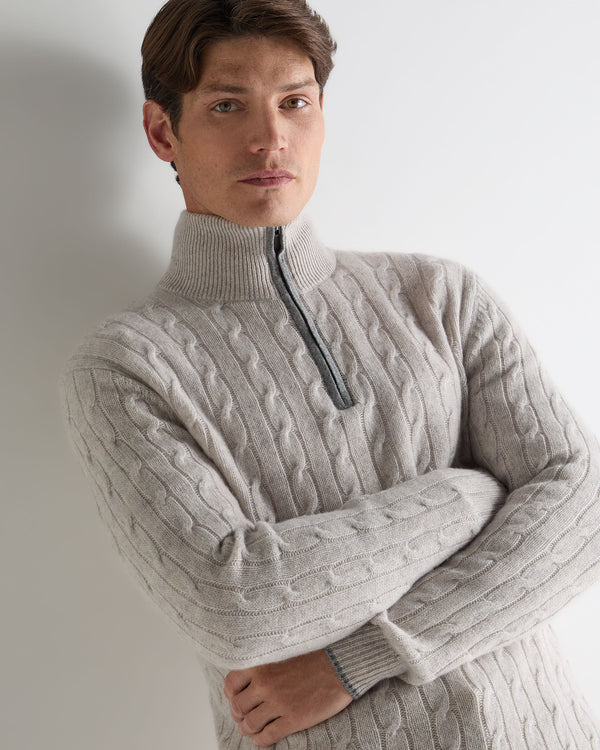 N.Peal Men's Albemarle Cable Half Zip Cashmere Jumper Nougat Brown Marl