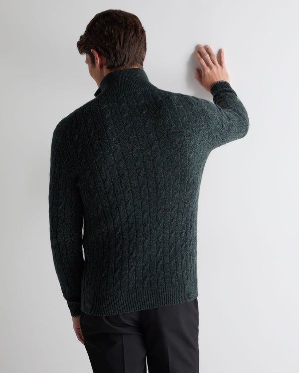 N.Peal Men's Albemarle Cable Half Zip Cashmere Jumper Green Melange