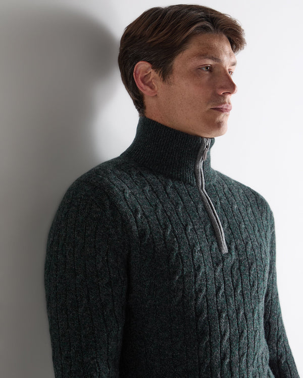 N.Peal Men's Albemarle Cable Half Zip Cashmere Jumper Green Melange