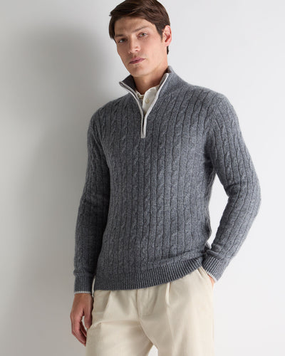 N.Peal Men's Albemarle Cable Half Zip Cashmere Jumper Grey Melange