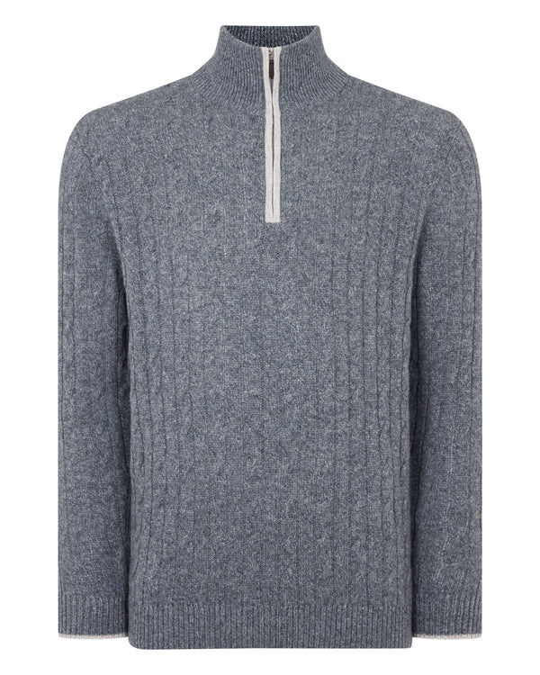 N.Peal Men's Albemarle Cable Half Zip Cashmere Jumper Grey Melange