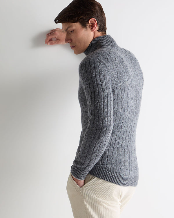 N.Peal Men's Albemarle Cable Half Zip Cashmere Jumper Grey Melange