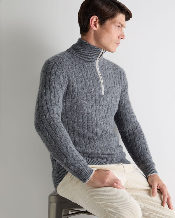 N.Peal Men's Albemarle Cable Half Zip Cashmere Jumper Grey Melange