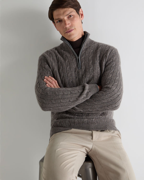 N.Peal Men's Albemarle Cable Half Zip Cashmere Jumper Wood Smoke Brown
