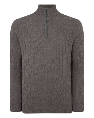 N.Peal Men's Albemarle Cable Half Zip Cashmere Jumper Wood Smoke Brown
