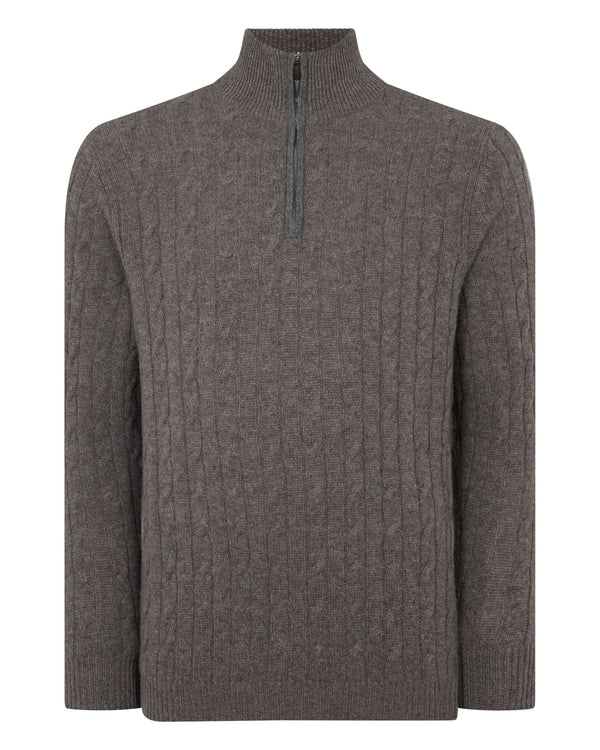 N.Peal Men's Albemarle Cable Half Zip Cashmere Jumper Wood Smoke Brown