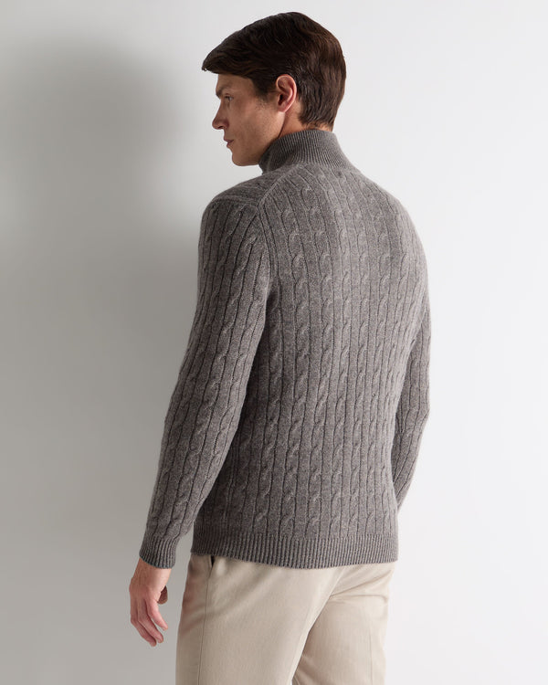 N.Peal Men's Albemarle Cable Half Zip Cashmere Jumper Wood Smoke Brown