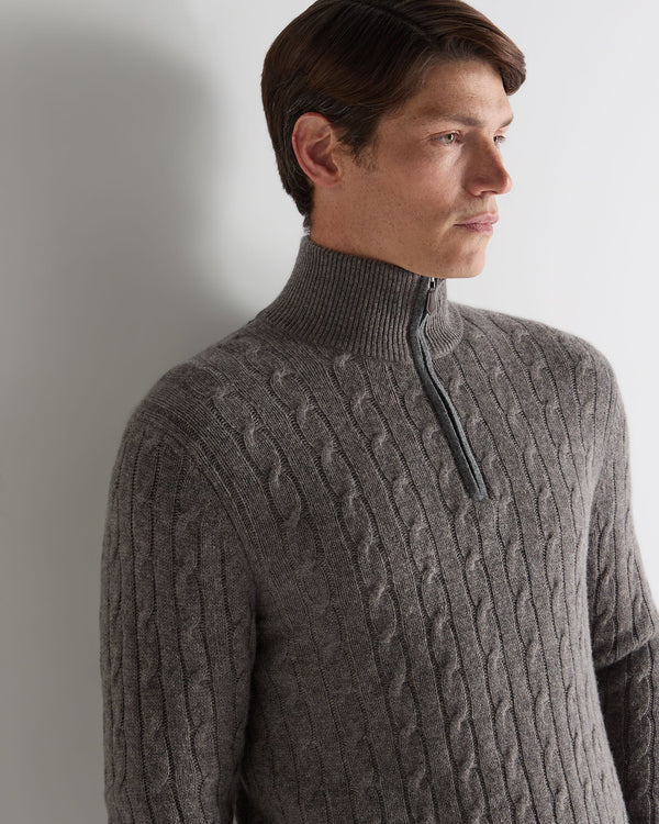 N.Peal Men's Albemarle Cable Half Zip Cashmere Jumper Wood Smoke Brown