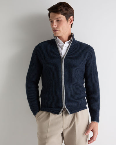 N.Peal Men's Lambeth Rib Full Zip Cashmere Cardigan Indigo Blue
