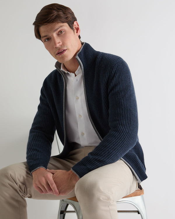 N.Peal Men's Lambeth Rib Full Zip Cashmere Cardigan Indigo Blue