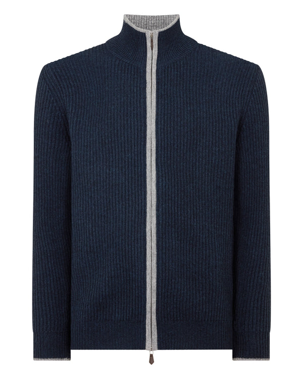 N.Peal Men's Lambeth Rib Full Zip Cashmere Cardigan Indigo Blue