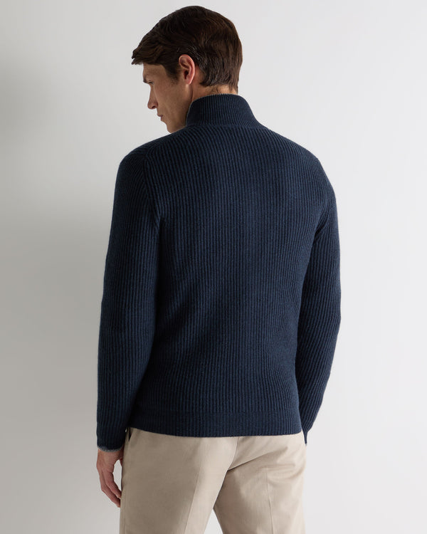 N.Peal Men's Lambeth Rib Full Zip Cashmere Cardigan Indigo Blue