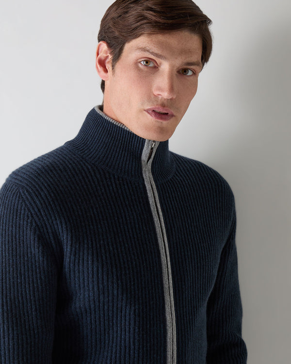N.Peal Men's Lambeth Rib Full Zip Cashmere Cardigan Indigo Blue