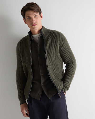 N.Peal Men's Lambeth Rib Full Zip Cashmere Cardigan Moss Green