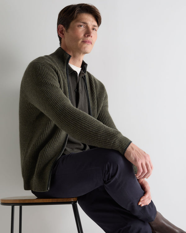 N.Peal Men's Lambeth Rib Full Zip Cashmere Cardigan Moss Green