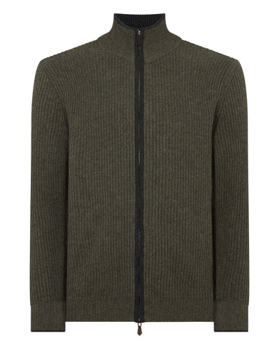 N.Peal Men's Lambeth Rib Full Zip Cashmere Cardigan Moss Green