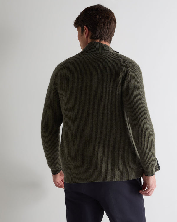 N.Peal Men's Lambeth Rib Full Zip Cashmere Cardigan Moss Green