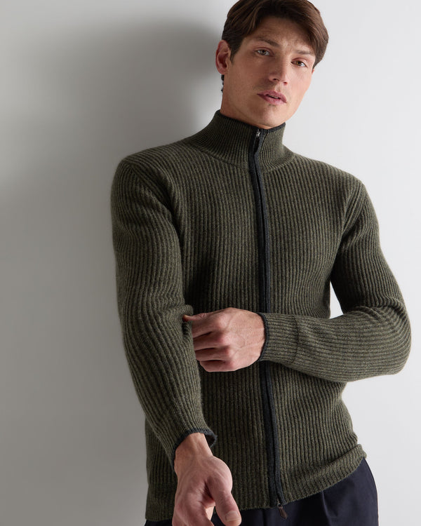 N.Peal Men's Lambeth Rib Full Zip Cashmere Cardigan Moss Green
