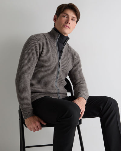 N.Peal Men's Lambeth Rib Full Zip Cashmere Cardigan Wood Smoke Brown